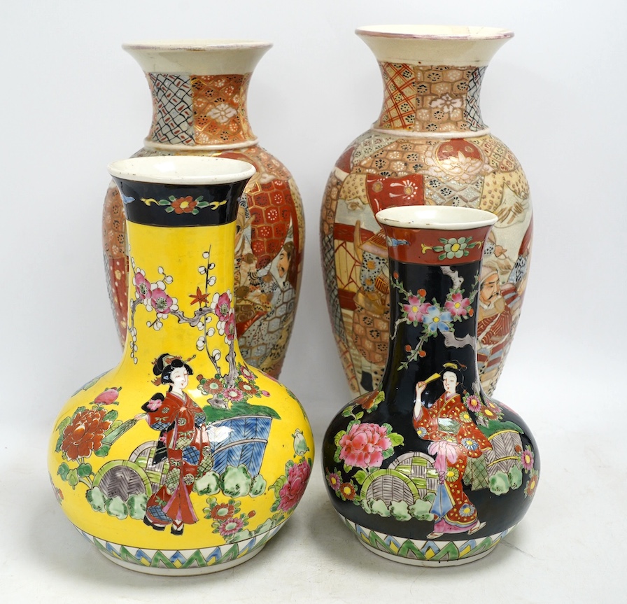 A pair of Japanese enamelled vases and a pair of brocaded Satsuma vases, tallest 32cm high., Condition - fair